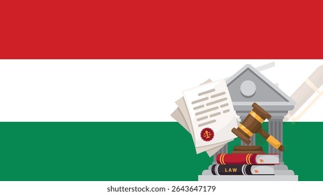 Bandeira da Hungria com silhueta de vetor de justiça, martelo de martelo de martelo de martelo de juiz e escalas de justiça e silhueta de algema na bandeira do país, conceito de lei da Hungria, ativo de design, ideia de liberdade