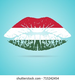 Hungary Flag Lipstick On The Lips Isolated On A White Background. Vector Illustration. Kiss Mark In Official Colors And Proportions. Independence Day