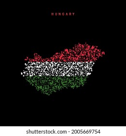 Mapa de la bandera de Hungría, patrón de partículas caóticas en los colores de la bandera húngara. Ilustración vectorial aislada en el fondo negro.