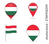 Hungary Flag Map Pin Icons Set Collection.