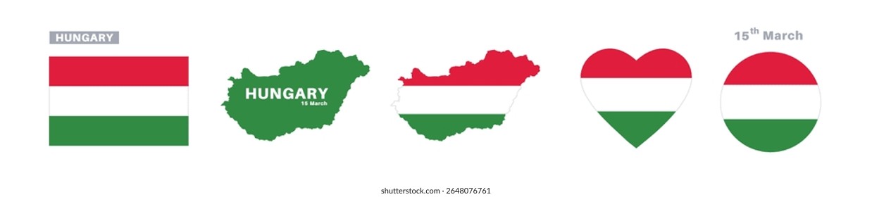 Bandera de Hungría y conjunto de mapas Bandera de Hungría en colores y proporciones oficiales Día de la Independencia 15 de marzo, mapa, círculo y corazón en forma de Hungría	