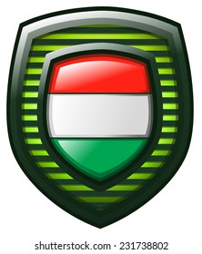 Hungary Flag on a Double Framed Futuristic Shield with Bars as a construction component, glowing saturated Green from Behind. Vector Illustration isolated on White Background. 