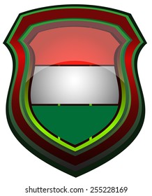 Hungary Flag on a Glossy Shield, Vector Illustration isolated on White Background.