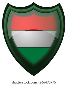 Hungary Flag on a Glossy Shield, Vector Illustration isolated on White Background.
