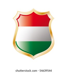 Hungary flag on metal shiny shield vector illustration. Collection of flags on shield against white background. Abstract isolated object.