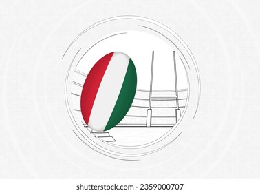 Hungary flag on rugby ball, lined circle rugby icon with ball in a crowded stadium. Vector sport emblem on abstract background.