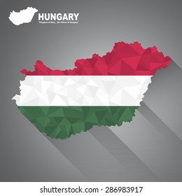 Hungary flag overlay on Hungary map with polygonal and long tail shadow style (EPS10 art vector)