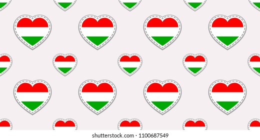 Hungary flag seamless pattern. Vector Hungarian flags stickers. Love hearts symbols. background for languages courses, sports pages, travel, school,geographic,cartographic elements.patriotic wallpaper