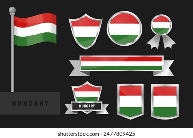 Hungary flag set. Collection of Hungary national emblems. Flat design of flags collection.
