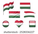 Hungary flag set of icons. Vector flag of Hungary, symbol. Set of hungarian flags brush, button, waved, heart.