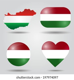 Hungary flag set in map, oval, circular and heart shape.