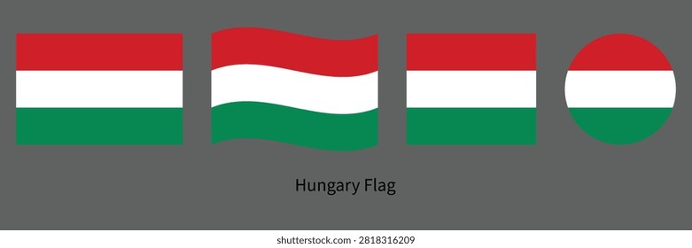 Hungary Flag Set with Waving, Circle and Rectangle Shapes Vector Illustration