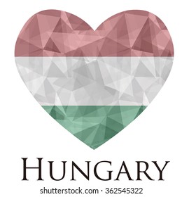 Hungary flag shape heart in geometric rumpled triangular low poly origami style graphic illustration,mosaic polygonal style.Symbol of love to country.Retro or vintage style background.