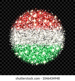 Hungary flag sparkling badge. Round icon with Hungarian national colors with glitter effect. Button design. Vector illustration. One of a series of signs