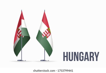 Hungary flag state symbol isolated on background national banner. Greeting card National Independence Day of the Republic of Hungary. Illustration banner with realistic state flag.