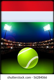 Hungary Flag and Tennis Ball on Stadium Background Original Illustration