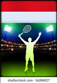 Hungary Flag and Tennis Player on Stadium Background Original Illustration