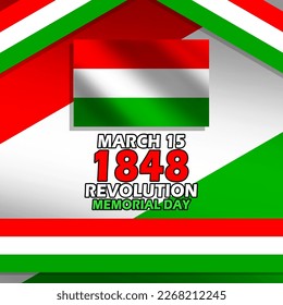 Hungary flag waving with bold text and ribbons to commemorate 1848 Revolution Memorial Day on March 15 in Hungary