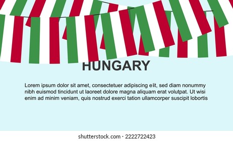 Hungary flags hanging on a rope, celebration and greeting concept, many Hungary flags with text space, banner and poster idea, decoration material, independence day