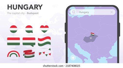 Hungary flags set. Mobile map application, Smartphone search. Map and capital city. World ribbon. Vector set. Collection of national symbols. Bubble speech, circle, heart, rainbow icons. Budapest