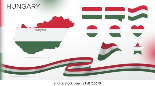 Hungary flags set. Various designs. Map and capital city. World flags. Vector set. Circle icon. Template for independence day. Collection of national symbols. Ribbon with colors of the flag. Berlin