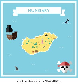 Hungary flat treasure map. Colorful cartoon treasure map of Hungary with flat icons of pirate ship, jolly roger, treasure chest and banner ribbon. Flat design vector illustration.