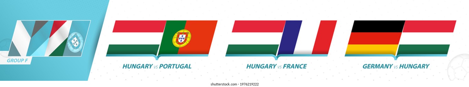 Hungary football team games in group A of football European tournament 2020-21. Sport vector icon set.