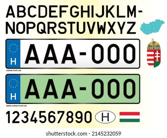 Hungary Green Car License Plate, Letters, Numbers And Symbols, Vector Illustration