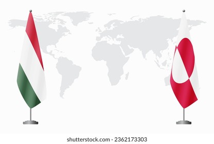 Hungary and Greenland flags for official meeting against background of world map.