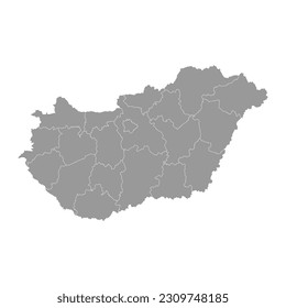 Mapa gris de Hungría con distritos administrativos. Ilustración vectorial.
