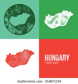 Hungary Grunge Retro Map - Three silhouettes Hungary maps with different unique letterpress vector textures - Infographic and geography resource