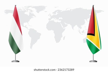 Hungary and Guyana flags for official meeting against background of world map.