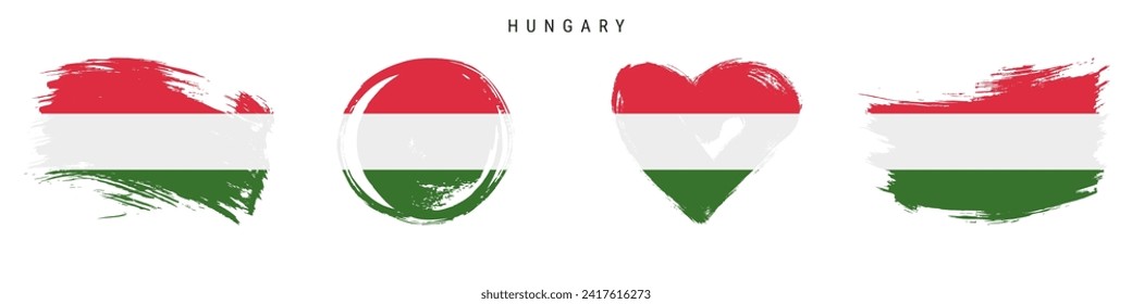 Hungary hand drawn grunge style flag icon set. Hungarian banner in official colors. Free brush stroke shape, circle and heart-shaped. Flat vector illustration isolated on white.