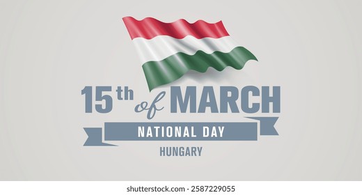 Hungary happy national day greeting card, banner vector illustration. Hungarian holiday 15th of March design element with realistic flag