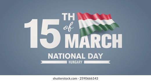 Hungary happy national day greeting card, banner with template text vector illustration. Hungarian memorial holiday 15th of March design element with 3D flag with stripes