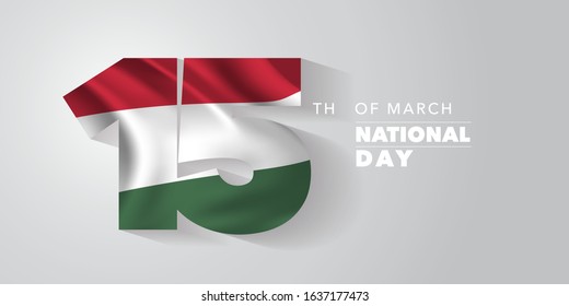 Hungary happy national day vector banner, greeting card. Hungarian wavy flag in nonstandard design for 15th of March national holiday