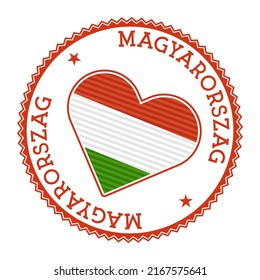 Ungarn hat Herzenslust. Vektorlogo Ungarns mit dem Namen des Landes in ungarischer Sprache. Lebhafte Vektorgrafik.