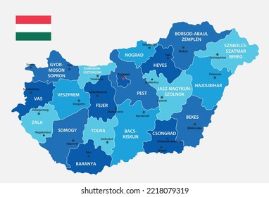 Hungary highly detailed map. Vector blue illustration with borders, cities and national flag