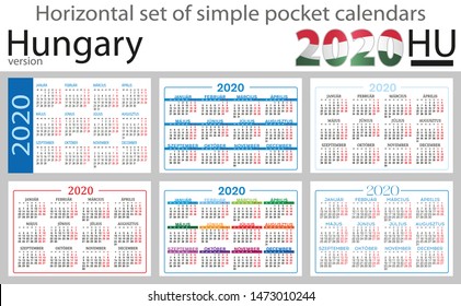 Hungary horizontal set of pocket calendars for 2020 (Two thousand nineteen). Week starts Monday. New year. Color simple design. Vector