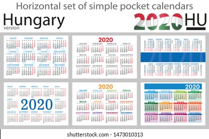 Hungary horizontal set of pocket calendars for 2020 (Two thousand nineteen). Week starts Monday. New year. Color simple design. Vector