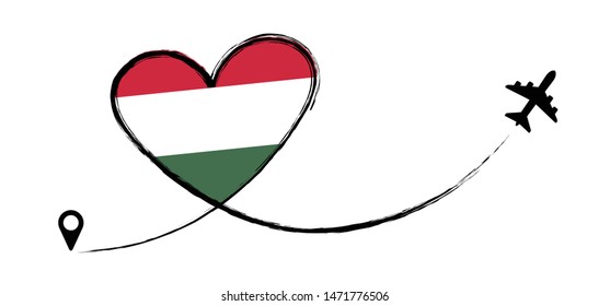 Hungary Hungarian HUN HU Magyarorszag Love Romantic travel Airplane air plane Aircraft Aeroplane flying fly jet airline vector fun funny pin location pointer route trace sign track vacation holliday