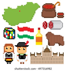 Hungary icons set. Pixel art. Old school computer graphic style. Games elements.