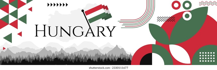 Hungary Independence Day abstract banner design with flag and map. Flag color theme geometric pattern retro modern Illustration design. Red and Green color template.
