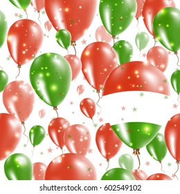 Hungary Independence Day Seamless Pattern. Flying Rubber Balloons in Colors of the Hungarian Flag. Happy Hungary Day Patriotic Card with Balloons, Stars and Sparkles.