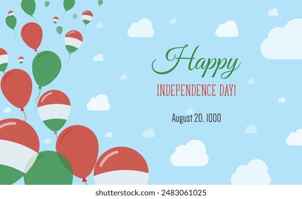 Hungary Independence Day Sparkling Patriotic Poster. Row of Balloons in Colors of the Hungarian Flag. Greeting Card with National Flags, Blue Skyes and Clouds.