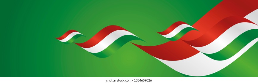 Hungary Independence Day waving flags two fold green landscape background