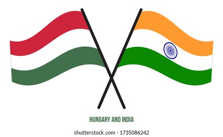 Hungary and India Flags Crossed And Waving Flat Style. Official Proportion. Correct Colors.