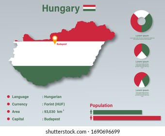 Hungría Ilustración de vectores de infografía, Elemento de datos estadísticos de Hungría, Junta de información de Hungría con mapa de bandera, Diseño plano con bandera de Hungría