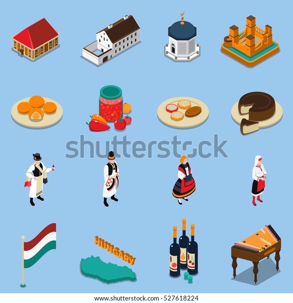 Hungary isometric touristic icons set with\
hungarian national costumes symbols architecture and cuisine\
isolated on blue background vector\
illustration