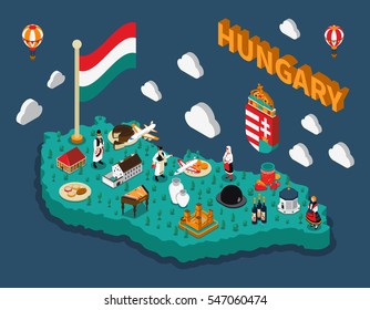 Hungary isometric touristic map with hungarian flag buildings dishes and people in national costumes vector illustration